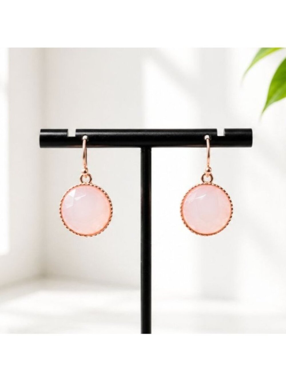 Rose Gold Pink Gemstone Dangle Earrings With Textured Bezel Design Vintage-Style